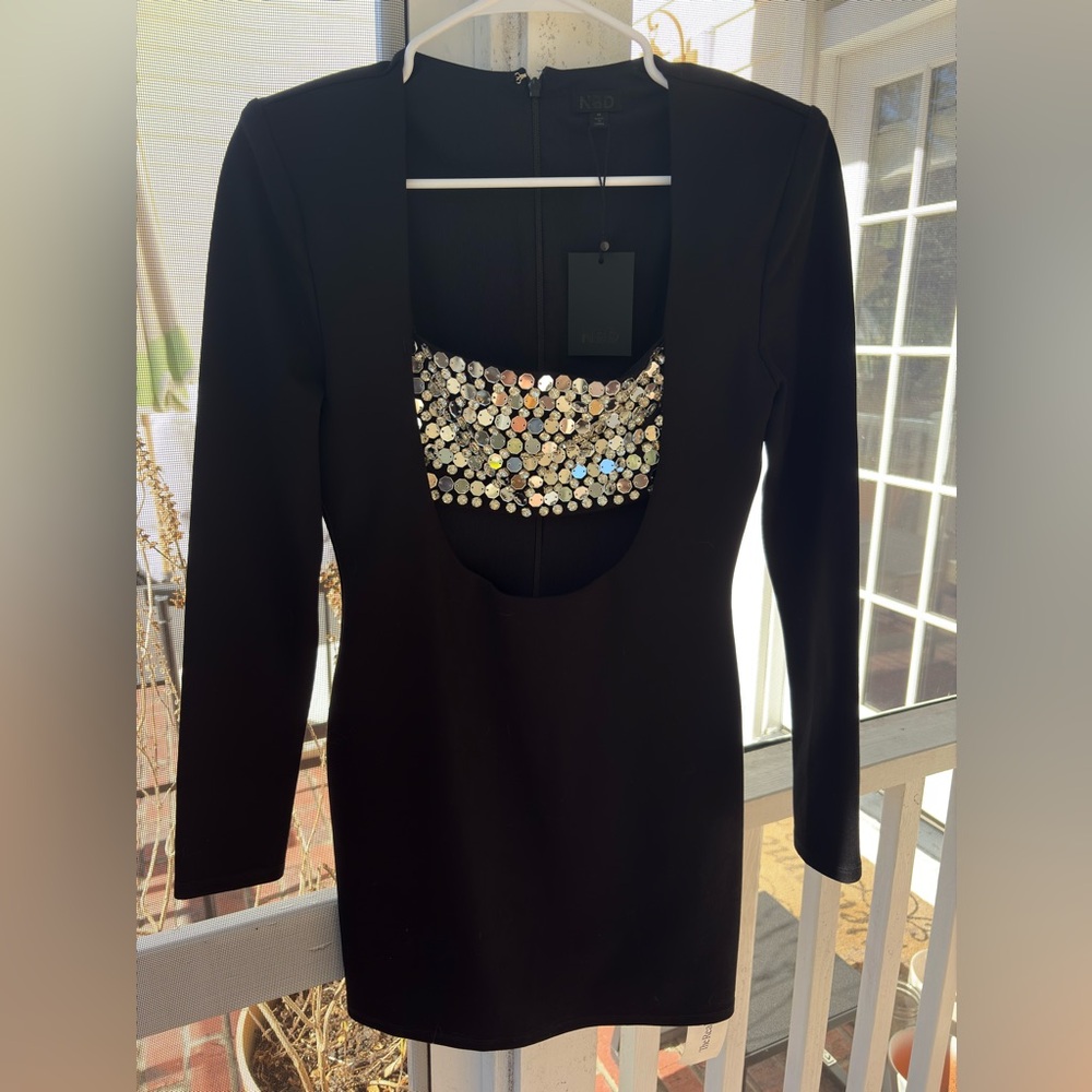 NBD Black Long Sleeve Backless Mini Dress with Silver Sequin Detail